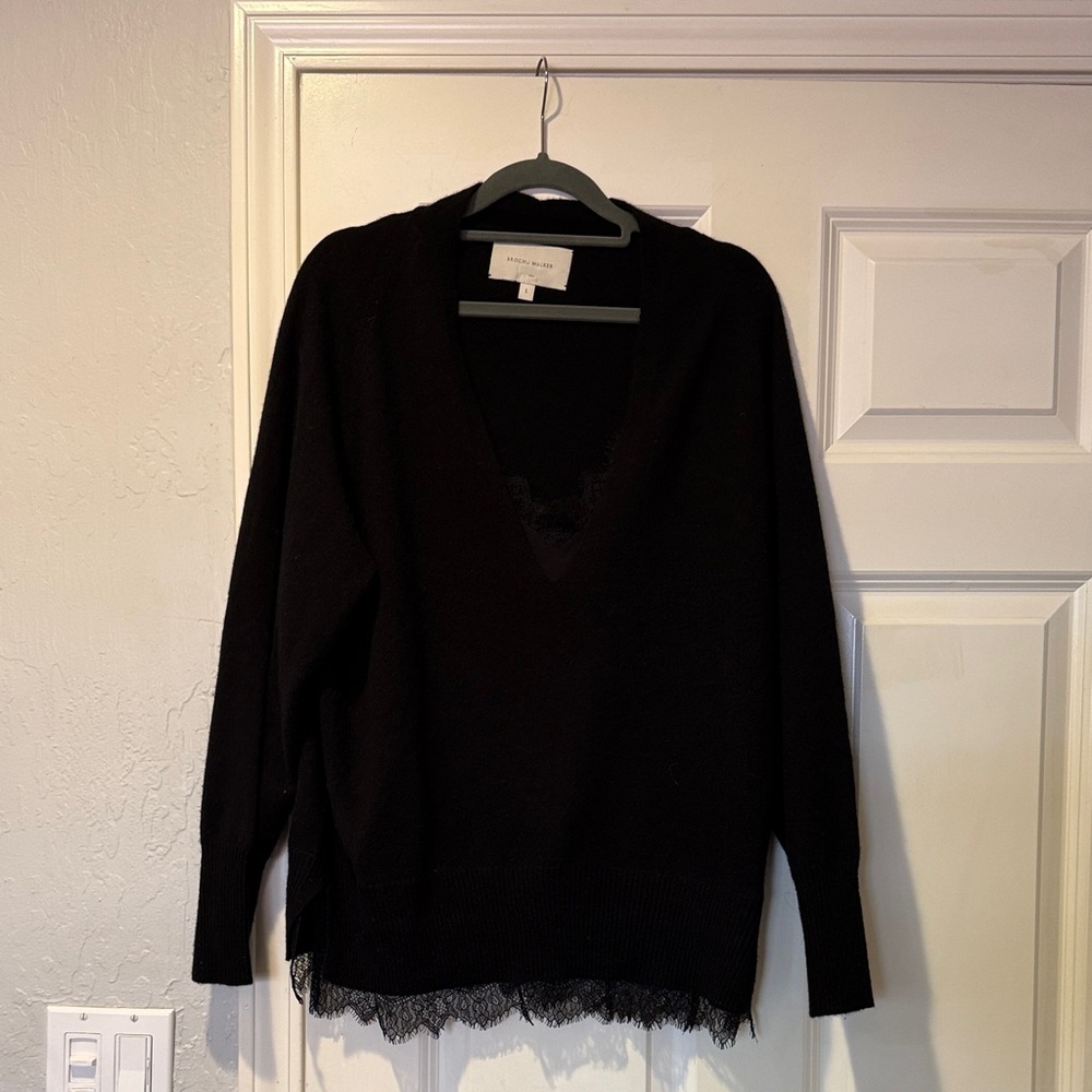 Brochu Walker Black V-Neck Sweater with Lace